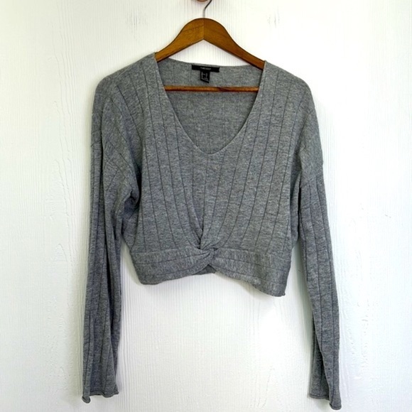 Forever 21 - Gray Ribbed Crop Knot Long Sleeve Sweater Size Large - Picture 7 of 11